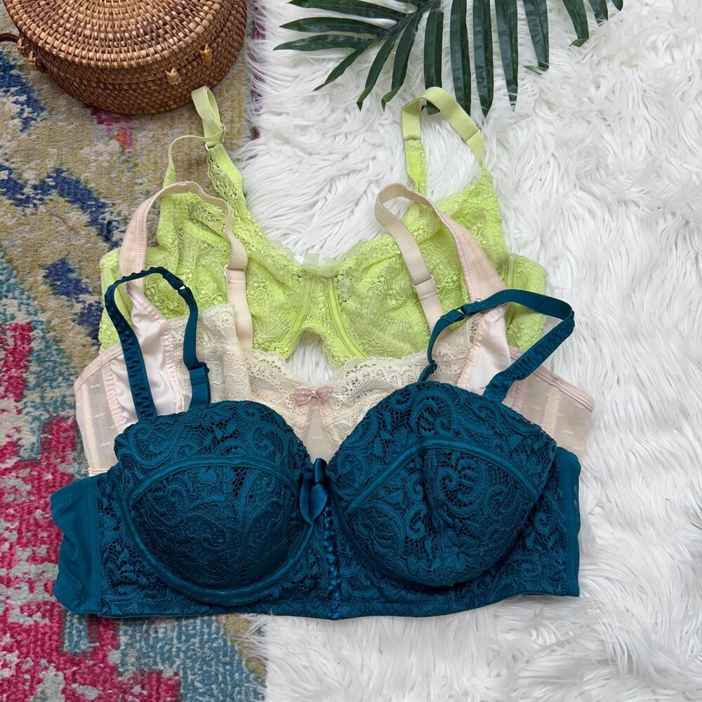 Bundle (3) Adore Me Lace Bras 40C Blue Pink Lime Sheer Sexy Cute